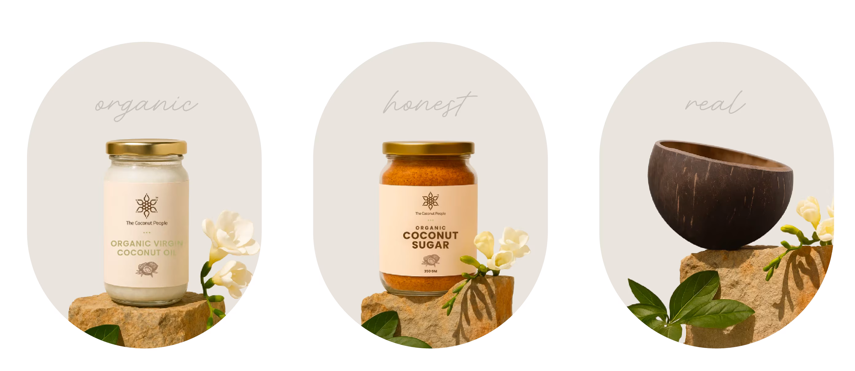 Organic, honest, real — coconut oil, coconut sugar, and coconut bowl