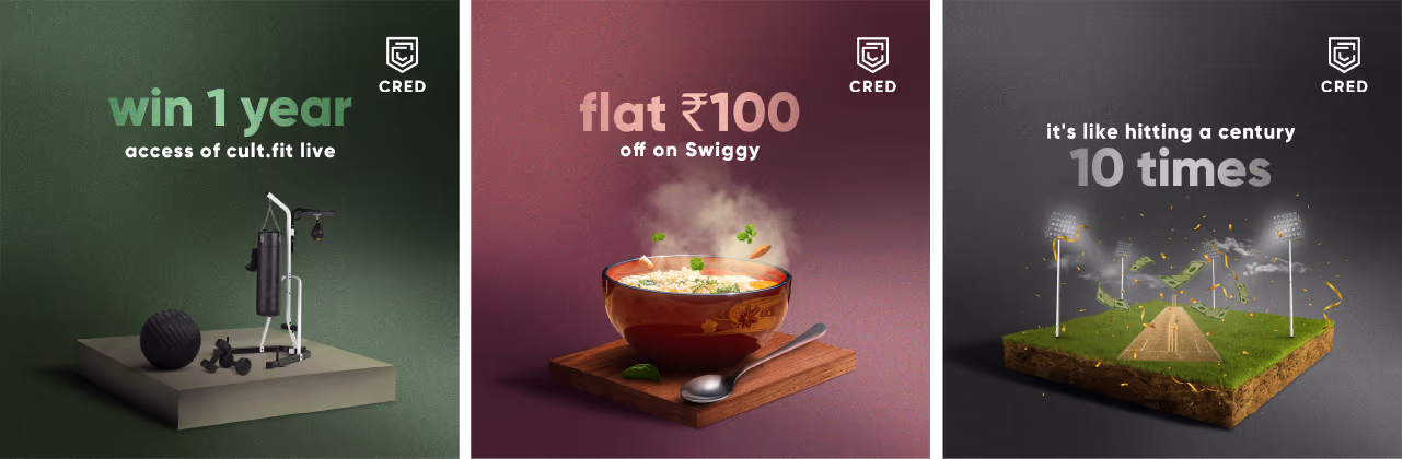 CRED creatives — cult.fit access, Swiggy offer, hitting a century