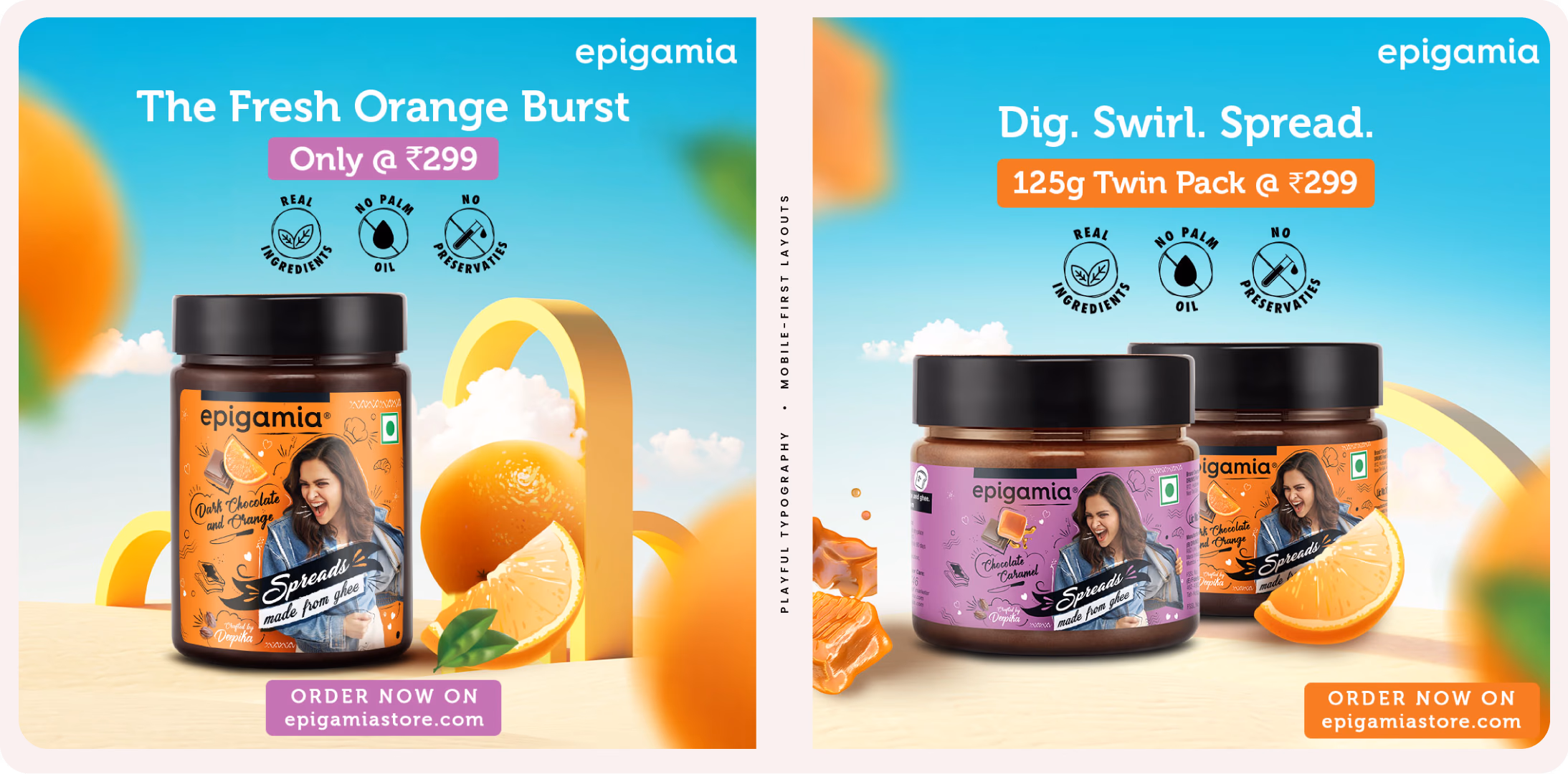 Epigamia spread creatives — The Fresh Orange Burst and Dig. Swirl. Spread.