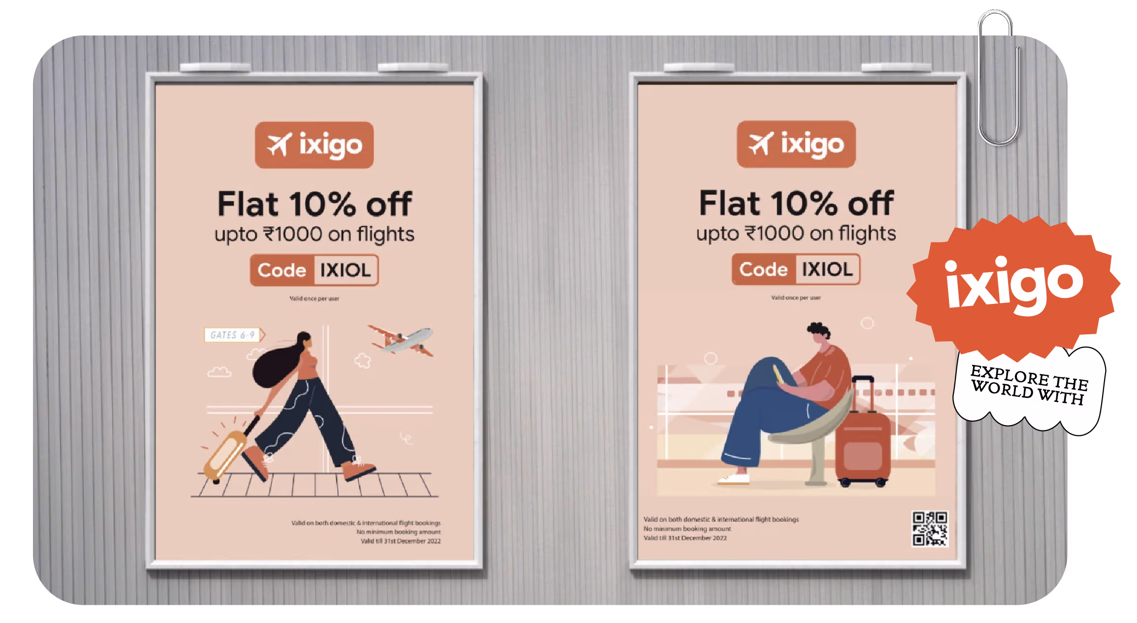 Flat 10% off ixigo flight posters mounted on a wall — Explore the world with ixigo
