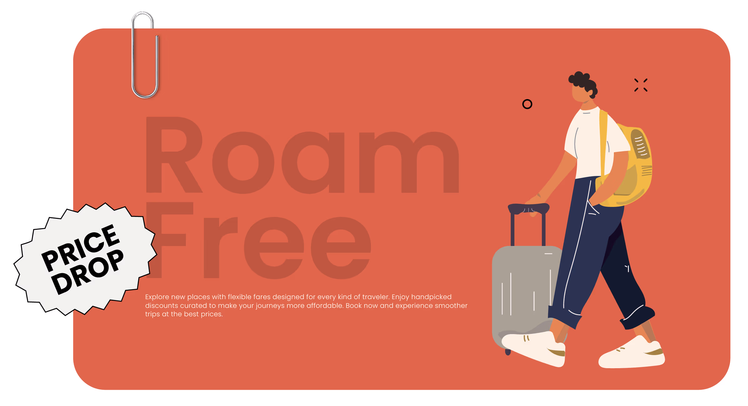 Roam Free — flexible fares illustration with traveller, Price Drop badge