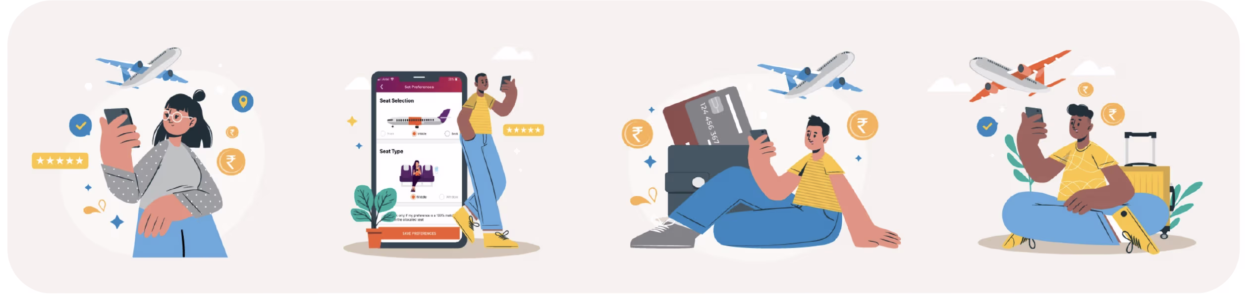 A row of ixigo travel illustration scenes — booking, rewards, and journeys